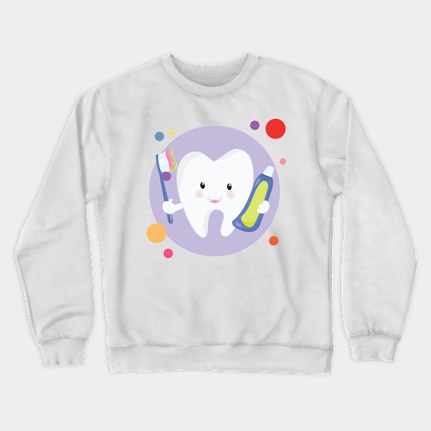 Clean Teeth With Smiling Happy Kawaii Cute Tooth Holding Toothpaste And Toothbrush Crewneck Sweatshirt by The Little Store Of Magic